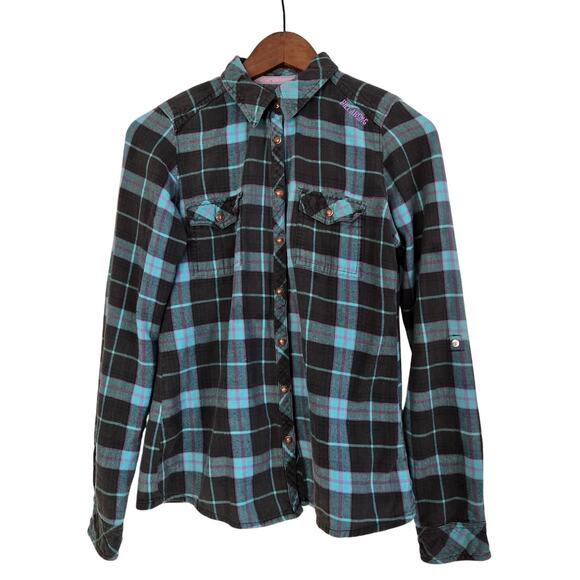 Billabong Tops - Vintage Indie Sleaze Surf Grunge Billabong Plaid Check Pattern Pearl Buttons M